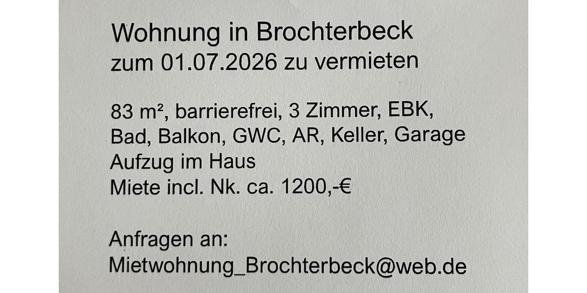Etagenwohnung Lengerich - 3.5 Zimmer, 83 m&sup2;, 1.200&euro; | Angebot:26560380