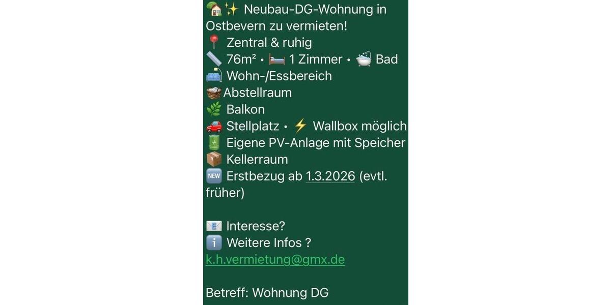 Dachgeschoßwohnung Ostbevern - 3 Zimmer, 76 m&sup2;, 1.150&euro; | Angebot:25269484