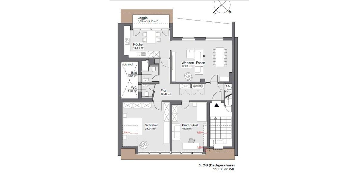 Dachgeschoßwohnung Münster Mitte-Nordost - 3 Zimmer, 110 m&sup2;, 1.750&euro; | Angebot:24787920