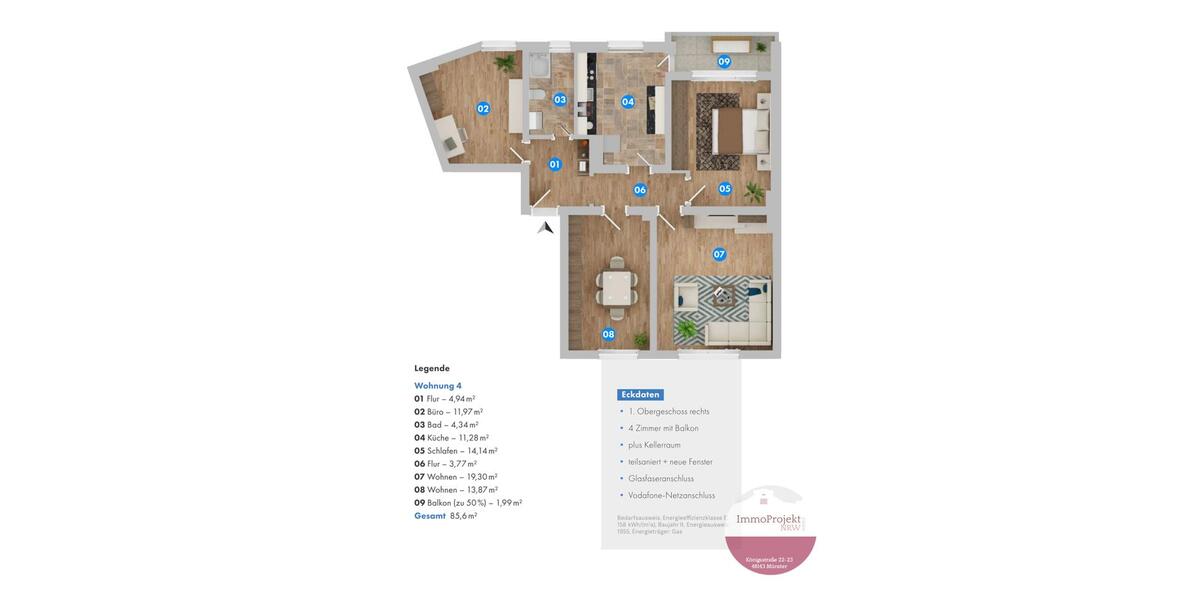 Etagenwohnung Münster Erphoviertel - 4 Zimmer, 86 m&sup2;, 1.700&euro; | Angebot:26297039